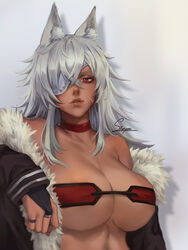  absurdres animal_ear_fluff animal_ears bra breasts bridal_gauntlets brown_coat choker coat dark-skinned_female dark_skin eyepatch female fur-trimmed_coat fur_trim ghislaine_dedoldia highres large_breasts lips long_hair looking_at_viewer mushoku_tensei nose one-eyed open_clothes open_coat red_bra red_choker red_eyes shadow signature simple_background solo staryoruu strapless strapless_bra tan underwear white_hair 