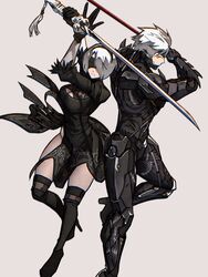  1boy 2b_(nier:automata) black_blindfold black_dress black_footwear black_hairband blindfold boots breasts brown_eyes chromatic_aberration cleavage cleavage_cutout clothing_cutout company_connection crossover cyborg dress female grey_background grey_hair hairband hf_murasama high_heel_boots high_heels highres holding holding_sword holding_weapon katana medium_breasts metal_gear_(series) metal_gear_rising:_revengeance nier:automata nier_(series) platinumgames_inc. raiden_(metal_gear) sword syachiiro thigh_boots thighhighs weapon 