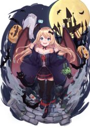  absurdres aruka bat_wings black_skirt blonde_hair blue_eyes bokukawauso brick_floor can castle commentary_request demon_wings fangs female frankenstein frankenstein&#039;s_monster full_moon ghost halloween halloween_costume head_wings highres jack-o&#039;-lantern jacket jervis_(kancolle) jiji_(creature) juice kantai_collection long_hair mascot moon night object_through_head open_mouth otter partial_commentary purple_jacket rensouhou-chan screw_in_head shirt skirt smile tomato_juice vampire white_shirt wings 