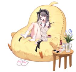  azur_lane bean_bag_chair black_hairband brown_cardigan byulzzi cardigan cellphone cherry chopsticks closed_eyes eating female flower food fruit grey_hair hairband highres long_hair looking_at_viewer nissin_cup_noodle official_alternate_costume official_art one_side_up open_cardigan open_clothes open_mouth pamiat_merkuria_(azur_lane) pamiat_merkuria_(sweet_cherry_memories)_(azur_lane) phone purple_eyes sitting smartphone smile socks solo transparent_background vase white_socks 