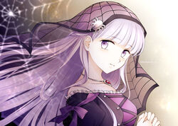  alternate_costume bare_shoulders black_dress bug closed_mouth collarbone dress female fire_emblem fire_emblem:_the_binding_blade fire_emblem_heroes frilled_dress frills halloween halloween_costume highres interlocked_fingers jewelry lolita_fashion long_hair looking_at_viewer necklace official_alternate_costume purple_eyes purple_hair shirokuroma_29 solo sophia_(fire_emblem) sophia_(halloween)_(fire_emblem) spider veil very_long_hair 