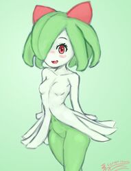  2_horns blush breasts dark_pupils eyelashes featureless_breasts featureless_crotch female ferretlord87 front_view generation_3_pokemon green_background green_body green_hair green_skin hair hi_res horn humanoid iris kirlia looking_at_viewer multicolored_body multicolored_skin nintendo not_furry nude one_eye_obstructed open_mouth open_smile pink_tongue pokemon pokemon_(species) pokemorph portrait pseudo_clothing pupils red_eyes red_horn red_pupils signature simple_background slim small_breasts smile solo teeth thin_eyebrows third-party_edit three-quarter_portrait three-quarter_view tongue two_tone_body two_tone_skin white_body white_skin 