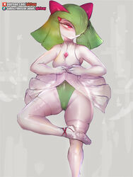  3:4 ballerina ballet ballet_dress ballet_leotard bottomwear breasts clothing dance_shoes dancewear dancing dress female footwear generation_3_pokemon girlsay green_hair hair hi_res humanoid kirlia legwear leotard nintendo not_furry patreon patreon_logo pointe_shoes pokemon pokemon_(species) raised_leg red_eyes shoes skirt small_breasts solo stockings subscribestar subscribestar_logo text tutu url 