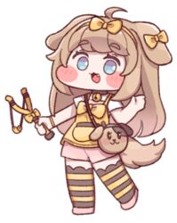  :3 ahoge animal_ears bad_id bell blue_eyes blush blush_stickers bow butter_(trickcal) chibi diyap dog_ears dog_girl dog_tail female full_body hairband light_brown_hair long_hair neck_bell oerba_yun_fang official_art open_mouth shorts slingshot_(weapon) smile solo striped_clothes striped_thighhighs tachi-e tail thighhighs transparent_background trickcal 