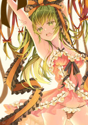  absurdres alternate_costume alternate_hairstyle armpits ass_visible_through_thighs babydoll black_ribbon bow cowboy_shot female frilled_panties frilled_ribbon frills green_eyes green_hair hair_ribbon hairbow highres kagiyama_hina lace lingerie long_hair looking_at_viewer navel negligee open_mouth orange_ribbon panties pink_babydoll red_ribbon ribbon strap_slip too_many too_many_frills totomiya touhou underwear 