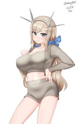  absurdres alternate_costume blonde_hair blue_ribbon breasts contrapposto cowboy_shot female grey_eyes grey_jacket grey_shorts grey_sports_bra hair_ribbon headgear highres jacket kantai_collection large_breasts long_hair low_twintails maru_(marg0613) maryland_(kancolle) midriff one-hour_drawing_challenge ribbed_jacket ribbon shorts simple_background solo sports_bra twintails underwear white_background 