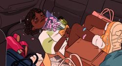  alternate_skin_color backpack bag bandaid bandaid_on_leg bracelet car_seat cum_binary dark_skin dark_skinned_female ear_piercing feet_up female fila flower hairlocs hands_together holding holding_flower jewelry lying ogino_chihiro piercing ponytail resting sen_to_chihiro_no_kamikakushi shirt shorts sparkle yellow_footwear 