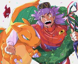  1boy alternate_costume arm_around_neck bottle charizard claws clenched_hand commentary_request confetti eye_contact facial_hair fingernails green_(grimy) green_eyes highres holding leon_(pokemon) long_hair long_sleeves looking_at_another male_focus one_eye_closed open_mouth pokemon pokemon_(creature) pokemon_swsh purple_hair racing_suit ribbon rotom rotom_phone smile striped striped_ribbon teeth tongue yellow_eyes 