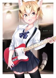  :d absurdres alternate_costume animal_ear_fluff animal_ears black_hair blonde_hair blue_bow blue_bowtie blue_skirt blush bow bowtie brown_hair cat_ears cat_girl cat_tail collared_shirt commentary electric_guitar extra_ears fangs female fender_telecaster guitar highres instrument kemono_friends kinou_no_shika long_sleeves multicolored_hair open_mouth plaid plaid_bow plaid_bowtie pleated_skirt plectrum sand_cat_(kemono_friends) school_uniform shirt short_hair skirt sleeves_rolled_up smile solo tail thighhighs white_shirt yellow_eyes zettai_ryouiki 