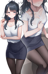  black_hair black_legwear black_skirt blue_eyes blush breasts cleavage closed_mouth collarbone earrings female hand_up high-waist_skirt highres idolmaster idolmaster_shiny_colors jewelry kazano_hiori large_breasts long_hair looking_at_viewer multiple_views necklace pantyhose parted_lips shirt shirt_tucked_in short_sleeves shougun_(chuckni1) sitting skirt solo_focus standing sweat thighs white_background white_shirt 