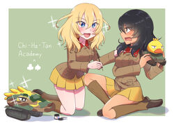  +_+ 2girls andou_(girls_und_panzer) arl-44 black_hair blonde_hair blue_eyes boots breast_pocket brown_eyes brown_footwear brown_jacket chi-hatan_military_uniform dark-skinned_female dark_skin english_text girls_und_panzer holding holding_paintbrush jacket knee_boots long_sleeves medium_hair messy_hair military military_vehicle motor_vehicle multiple_girls oshida_(girls_und_panzer) paintbrush pleated_skirt pocket s35 salt-apple skirt tank yellow_skirt 