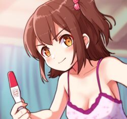  blush breasts brown_hair camisole cleavage female hair_bobbles hair_ornament highres idolmaster idolmaster_million_live! idolmaster_million_live!_theater_days implied_pregnancy kasuga_mirai orange_eyes pregnancy_test short_hair side_ponytail smile solo takiki upper_body 