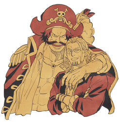  2boys arm_over_shoulder coat coat_on_shoulders cropped_torso crossed_arms epaulettes facial_hair glasses gol_d._roger grin hair_slicked_back hat male_focus monochrome moustache multiple_boys one_piece pirate_costume pirate_hat rrrhigemegane scar scar_across_eye scar_on_face silvers_rayleigh smile stubble 