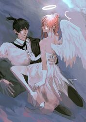  2boys angel angel_devil_(chainsaw_man) angel_wings beach black_jacket black_necktie black_pants blue_eyes chainsaw_man collared_shirt crossdressing dress earrings feathered_wings formal gloves glowing hair_bun halo hayakawa_aki heel_pop high_heels highres in_water jacket jewelry legs looking_at_viewer male_focus multiple_boys necktie on_ground otoko_no_ko pants partially_undressed penguin_jun pink_eyes pink_hair shirt shoe_dangle single_hair_bun single_sidelock sitting sitting_on_person soles strapless stud_earrings suit thighhighs topknot water white_dress white_gloves white_shirt white_thighhighs white_wings wings yaoi 