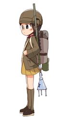  backpack bag bangs black_hair blush_stickers boots braid brown_eyes brown_footwear brown_headwear brown_jacket chi-hatan_military_uniform closed_mouth female from_side fukuda_(girls_und_panzer) full_body girls_und_panzer hamahara_yoshio helmet highres jacket knee_boots light_frown long_hair long_sleeves lunge_mine military military_uniform miniskirt pleated_skirt round_eyewear simple_background skirt solo standing uniform white_background yellow_skirt 