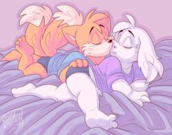  2019 2_tails anthro asriel_dreemurr barefoot bed_sheet bedding blush boss_monster_(undertale) bottomwear bovid canid canine caprine cheek_tuft closed_eyes clothing dipstick_tail duo facial_tuft feet fox fur hand_on_butt kissing long_ears lying male male/male mammal markings multi_tail multicolored_tail on_front orange_body orange_fur roarey_raccoon sega shirt shorts sonic_the_hedgehog_(series) tail tail_markings tails tan_body tan_fur topwear tuft undertale undertale_(series) white_body white_fur white_tail_tip 