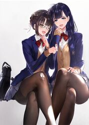  2girls :d bag beige_cardigan black_legwear blue_eyes blue_hair blue_jacket blush bow bowtie braid breasts brown_eyes cardigan collared_shirt commentary_request crossed_legs crown_braid earphones glasses grey_skirt hair_bun hair_ribbon hand_on_own_knee holding_bandaid hoojiro jacket kuroki_hina long_hair looking_at_viewer miru_tights mole mole_under_eye multiple_girls nakabeni_yua open_mouth pantyhose pleated_skirt red_bow red_bowtie ribbon school_bag school_uniform semi-rimless_eyewear shared_earphones shirt single_hair_bun sitting skirt smile thighband_pantyhose torn_clothes torn_legwear under-rim_eyewear white_ribbon white_shirt 