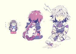  2girls armor blush bubble_tea bubble_tea_challenge bubble_tea_challenge_failure chibi commentary_request fan_la_norne gloves jin_(xenoblade) long_hair lora_(xenoblade) multiple_girls parted_lips pauldrons red_hair short_hair shoulder_armor simple_background tears watsuki_ayamo white_hair xenoblade_chronicles_(series) xenoblade_chronicles_2 xenoblade_chronicles_2:_torna_-_the_golden_country 