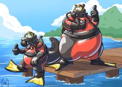  2019 absurd_res air_tank anthro bear codex_(character) crocodile crocodilian crocodylid detailed_background digital_drawing_(artwork) digital_media_(artwork) duo eyewear glistening goggles hi_res mammal mask mountain outside overweight reptile scalie scuba scuba_gear sea soul-silver-dragon swimming_fins tube water 