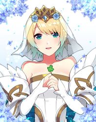  bad_id bad_twitter_id blonde_hair blue_eyes blue_hair bride clover commentary_request crown dress female fire_emblem fire_emblem_heroes fjorm_(bridal)_(fire_emblem) fjorm_(fire_emblem) flower four-leaf_clover gradient_hair hair_flower hair_ornament holding multicolored_hair one-hour_drawing_challenge open_mouth riki_my_p short_hair solo upper_body veil wedding_dress white_dress 