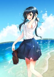  :d absurdres beach black_hair blue_skirt blush brown_footwear commentary_request day feet_out_of_frame female green_eyes hair_ribbon highres holding holding_shoes loafers long_hair low_twintails namikawa_kuroha open_mouth original outdoors pleated_skirt ribbon school_uniform shirt shoes short_sleeves skirt smile solo takamine_miyu_(namikawa_kuroha) twintails unworn_shoes white_ribbon white_shirt 