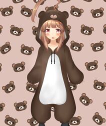  ahoge animal_costume animal_hood bad_id bad_pixiv_id bear_background bear_costume brown_eyes brown_hair commentary_request feet_out_of_frame female highres hood huge_ahoge kantai_collection kiyu_fuyuki kuma_(kancolle) long_hair name_connection object_namesake oerba_yun_fang open_mouth pink_background rilakkuma san-x skin_fang solo standing 