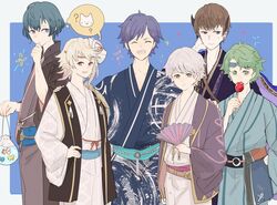  6+boys alm_(fire_emblem) bag bagged_fish berkut_(fire_emblem) blue_eyes blue_hair brown_eyes brown_hair byleth_(fire_emblem) byleth_(male)_(fire_emblem) candy_apple chrom_(fire_emblem) commentary_request corrin_(fire_emblem) corrin_(male)_(fire_emblem) eating feline fire_emblem fire_emblem:_three_houses fire_emblem_awakening fire_emblem_echoes:_shadows_of_valentia fire_emblem_fates fire_emblem_heroes fish folding_fan food frown green_eyes green_hair grey_hair hand_fan hand_on_another&#039;s_shoulder hand_on_own_head hand_on_own_hip headband holding holding_food japanese_clothes kimono lilith_(fire_emblem) looking_at_viewer male_focus mask mask_on_head multiple_boys open_mouth pointy_ears print_kimono red_eyes robin_(fire_emblem) robin_(male)_(fire_emblem) sasaki_(dkenpisss) smile sweatdrop thinking thought_bubble 