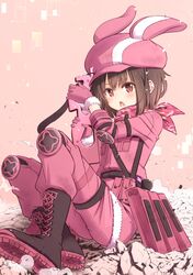  animal_ears animal_hat blush boots brown_eyes brown_footwear brown_hair bullpup commentary_request cross-laced_footwear fake_animal_ears female fujisaki_yuu fur-trimmed_gloves fur-trimmed_jacket fur_trim gloves gun hat holding holding_gun holding_weapon jacket knee_pads lace-up_boots llenn_(sao) long_sleeves looking_at_viewer open_mouth p-chan_(p90) p90 pants pink_gloves pink_hat pink_jacket pink_pants rabbit_ears rabbit_hat shoe_soles sitting solo submachine_gun sword_art_online sword_art_online_alternative:_gun_gale_online v-shaped_eyebrows weapon 