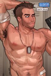  1boy abs arm_behind_head armpit_hair armpits bara beard_stubble call_of_duty call_of_duty:_modern_warfare_2 dog_tags facial_hair highres inverted_nipples large_pectorals looking_at_phone male_focus mature_male muscular muscular_male mustache_stubble navel navel_hair nipples nude one_eye_closed pectorals phone presenting_armpit selfie short_hair sideburns soap_(modern_warfare_2) solo stomach stubble sweat text_messaging undercut upper_body very_sweaty wow9bro 