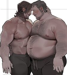  2boys arm_hair bara beard big_belly blush brown_hair bulge chest_hair couple deadman_(death_stranding) death_stranding elinapires_(lewalrus) facial_hair fat fat_man feet_out_of_frame forehead-to-forehead from_side goatee grey_hair hairy heads_together highres large_pectorals male_focus manboobs mature_male moustache multiple_boys muscular muscular_male navel_hair nipples old old_man pants pectoral_docking pectoral_press pectorals profile sam_(death_stranding) sanpaku short_hair thick_eyebrows thick_mustache thighs topless_male track_pants yaoi 