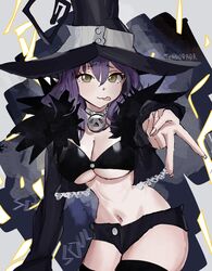  :3 artist_name bandeau black_shorts blair_(soul_eater) breasts cleavage collar cropped_legs female fingernails foreshortening grey_background hat highres lightning midriff navel one_eye_closed purple_hair short_shorts shorts signature solo soul_eater strapless teasugarr thighhighs tongue tube_top witch_hat 