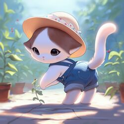  1:1 absurd_res ambiguous_gender anthro bent_over blush chibi clothing domestic_cat felid feline felis flower_pot garden hat headgear headwear hi_res inkune mammal overalls paws plant raised_tail shortalls solo standing tail whiskers 