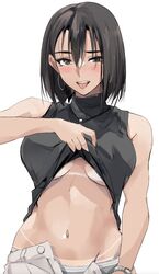  bare_shoulders bikini_tan black_hair breasts brown_eyes clothes_pull earrings female highres hoop_earrings jewelry large_breasts looking_at_viewer navel original short_hair sleeveless sleeveless_sweater solo standing sweater tan tanlines tongue tongue_out turtleneck turtleneck_sweater watch wristwatch zekkyon 