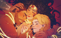  1boy 2girls bisexual_female black_hair blonde_hair bracer brown_hair character_request commentary dc_comics denimcatfish english_commentary facial_hair jewelry lasso_of_truth long_hair multiple_girls smile star_(symbol) steve_trevor superhero_costume thick_eyebrows wonder_girl wonder_woman 