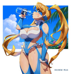  absurdres beach blonde_hair blue_eyes blue_leotard blue_sky bottle breasts character_name cleavage cleavage_cutout clothing_cutout cloud coconut_tree drinking elbow_cutout female heart_cutout highres large_breasts leotard long_hair looking_at_viewer mask mefuchan palm_tree rainbow_mika shoulder_cutout sky solo street_fighter street_fighter_zero_(series) sweat tree twintails water_bottle wrestler wrestling_mask wrestling_outfit 