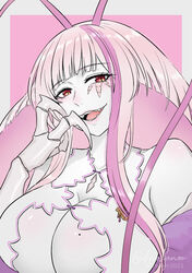  antenna_hair arthropod_girl blunt_bangs border breasts cleavage cleavage_cutout clothing_cutout cockroach_girl dinokano dress female fur-trimmed_dress fur_trim large_breasts long_hair matara_kan matara_kan_(1st_costume) mole mole_on_breast monster_girl open_mouth pink_background pink_hair red_eyes sidelocks sleeveless sleeveless_dress smile solo very_long_hair virtual_youtuber vshojo white_border white_dress 