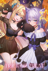  2girls animal_ears animal_hands bare_shoulders bell blue_eyes breasts cat_ears collar copyright_notice dress english_text fangs gloves hair_ornament halloween halloween_costume highres jingle_bell karuizawa_kei large_breasts long_hair looking_at_viewer medium_breasts multiple_girls open_mouth paw_gloves purple_eyes purple_hair sakayanagi_arisu sanada_keisui tongue tongue_out trick_or_treat youkoso_jitsuryoku_shijou_shugi_no_kyoushitsu_e 