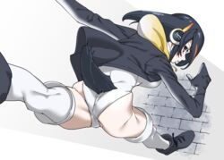  ass bent_over black_footwear black_hair black_jacket boots breasts brick_floor brown_eyes commentary drawstring emperor_penguin_(kemono_friends) female flexible from_above grey_background headphones hood hood_down hooded_jacket jacket kemono_friends kneepits large_breasts leg_up leotard long_sleeves orange_hair penguin_tail simple_background solo split standing standing_on_one_leg standing_split tail tail_through_clothes tanabe_(fueisei) thighhighs white_leotard white_thighhighs 