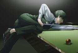  1boy ass ass_focus ball billiard_ball billiards black_background black_bow black_bowtie black_eyes black_hair black_pants black_vest bow bowtie collared_shirt commentary cue_stick denxu0 english_commentary highres holding_cue_stick kim_dokja leg_up long_sleeves looking_to_the_side male_focus omniscient_reader&#039;s_viewpoint on_table pants pool_table profile shirt short_hair smile table vest 