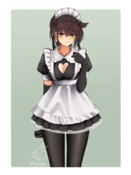  absurdres alternate_costume black_gloves blush border breasts brown_hair cleavage cleavage_cutout clothing_cutout commentary_request cowboy_shot dress elbow_gloves enmaided female frilled_dress frills gloves gradient_background hair_between_eyes hair_horns hatsuzuki_(kancolle) highres kantai_collection looking_at_viewer maid medium_breasts mochizou puffy_short_sleeves puffy_sleeves short_sleeves signature smile solo twitter_username white_border yellow_eyes 