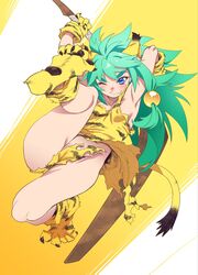  absurdres animal_ears animal_print bell blue_eyes boomerang cham_cham collar female gloves green_hair highres holding holding_weapon neck_bell one_eye_closed paw_shoes samurai_spirits shirou shoes snk solo tail tiger_print weapon 