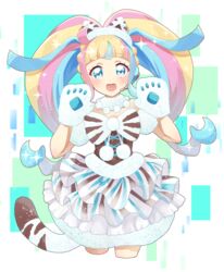  absurdres animal_ears animal_hands blue_eyes blunt_bangs bow choker corset cropped_legs daia_(pri_chan) eyelashes fake_animal_ears fake_tail female fur_choker headset highres kiratto_pri_chan looking_at_viewer minoco_(sana_moko) multicolored_hair open_mouth pom_pom_(clothes) pretty_series solo striped striped_bow tail twintails white_bow white_choker 