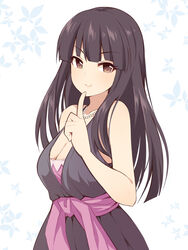  black_dress black_hair breasts brown_eyes cleavage commentary_request dress female hand_up idolmaster idolmaster_cinderella_girls index_finger_raised jewelry kurokawa_chiaki leaf long_hair looking_at_viewer medium_breasts necklace pearl_necklace sidelocks smile solo uccow upper_body v-shaped_eyebrows white_background 