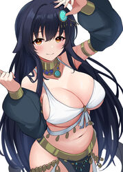  absurdres arabian_clothes armlet azuma_(azur_lane) azur_lane black_hair breasts cleavage commentary_request dancer detached_sleeves female floppy_ears gold_choker gold_trim green_eyes hair_ears hands_up harem_outfit highres large_breasts long_hair long_sleeves midriff navel puffy_long_sleeves puffy_sleeves soul_(dp11) white_background 