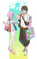  1boy aqua_jacket bag baggy_pants bare_legs bikini black_bag black_hair black_pants blue_bag blue_eyes capri_pants carrying_bag cellphone clipboard collarbone drawstring english_text enkidu_(fate) enkidu_(sensha_otoko)_(fate) fanny_pack fate/grand_order fate_(series) female floral_background floral_print fujimaru_ritsuka_(female) fujimaru_ritsuka_(female)_(decisive_battle_chaldea_uniform) fujimaru_ritsuka_(male) fujimaru_ritsuka_(male)_(summer_street) full_body glasses gradient_background hair_over_one_eye halterneck hibiscus_print highres holding holding_clipboard holding_phone hood hoodie jacket looking_at_another mash_kyrielight mash_kyrielight_(swimsuit_of_perpetual_summer_ver.02) open_mouth orange_shirt orange_wristband pants phone platform_footwear pointing purple_eyes purple_hair sandals sensha_otoko shirt shoes short_hair short_sleeves smartphone smile soraharu_(mojatta) standing streetwear swimsuit watch white_bikini white_footwear white_hoodie wristwatch 