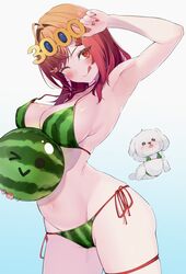  :q ;&gt; ahoge armpits bikini blue-tinted_eyewear breasts canine colored_inner_hair eyewear_on_head female food food-themed_hair_ornament food_print fruit gradient_background gradient_hair hair_ornament hairpin head_tilt highres hololive hololive_dev_is ichijou_ririka inuinuo_gataken large_breasts medium_hair multicolored_hair navel orange_eyes orange_hair orange_nails pink_hair presenting_armpit print_bikini red_hair side-tie_bikini_bottom skindentation strap_gap strawberry_hair_ornament string_bikini suika_game swimsuit thigh_strap tinted_eyewear tongue tongue_out uni_(ichijou_ririka) virtual_youtuber watermelon watermelon_print 