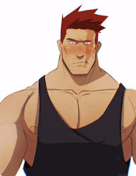  1boy absurdres bara beard beard_stubble black_tank_top blush boku_no_hero_academia endeavor_(boku_no_hero_academia) facial_hair highres large_pectorals looking_down male_focus mature_male muscular muscular_male nipples pectoral_cleavage pectorals scar scar_across_eye short_hair shy sideburns sidepec solo spiked_hair stormcallart stubble tank_top thick_eyebrows upper_body v-shaped_eyes 