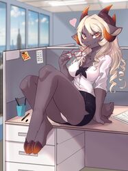  absurd_res anthro black_body black_fur blonde_hair bottomwear bovid breasts camel_toe caprine clothed clothing cloven_hooves crossed_legs cubicle dress_shirt eyewear female fully_clothed fur genital_outline glasses glasses_in_mouth hair hi_res hooves horizontal_pupils horn inside looking_at_viewer mammal office office_lady panties pupils pussy_outline rectangular_glasses ricky945 sheep shirt sitting_on_desk skirt solo topwear underwear 