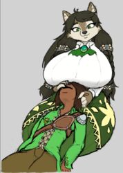  anthro axelarion big_breasts blizzard_entertainment blouse boob_hat breasts brown_body brown_fur brown_hair canid clothing cyclops dark_body dark_skin dress duo fan_character female fur green_eyes hair half_elf head_on_lap holding_ear huge_breasts humanoid jewelry lap_pillow long_hair male male/female mammal niekolasaaic on_lap simple_background smile topwear warcraft were werecanid worgen ylenniara_winterleaf 