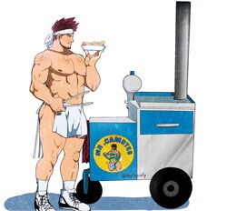  1boy abs alternate_costume apron ass_peek ayysquidly bara beard beard_stubble boku_no_hero_academia bulge contemporary endeavor_(boku_no_hero_academia) facial_hair food food_stand full_body headband highres holding holding_plate holding_tongs large_pectorals looking_at_viewer male_focus mature_male muscular muscular_male navel nipples pectorals plate profile revealing_clothes scar scar_across_eye shoes short_hair sideburns sideways_glance sneakers solo spiked_hair stomach strongman_waist stubble sweet_potato thick_eyebrows thick_thighs thighs tongs topless_male waist_apron white_background white_headband 